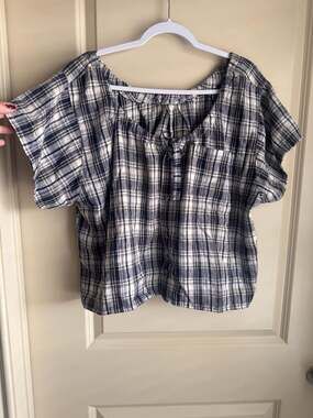 Plaid Split Neck Top Navy White Checkered Blouse